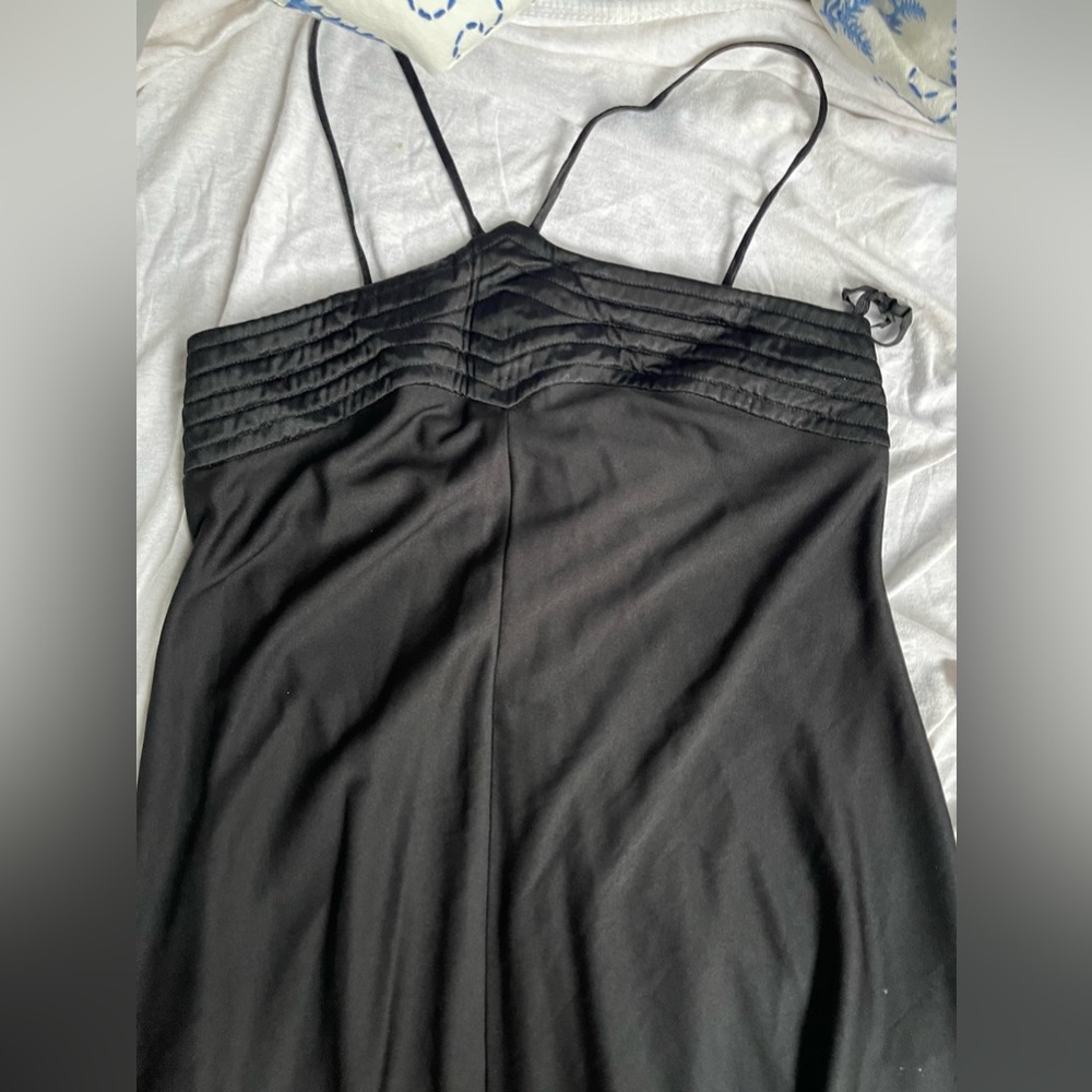Vintage 70s Leslie J black maxi dress thin straps wide flowy dress - Picture 4 of 10